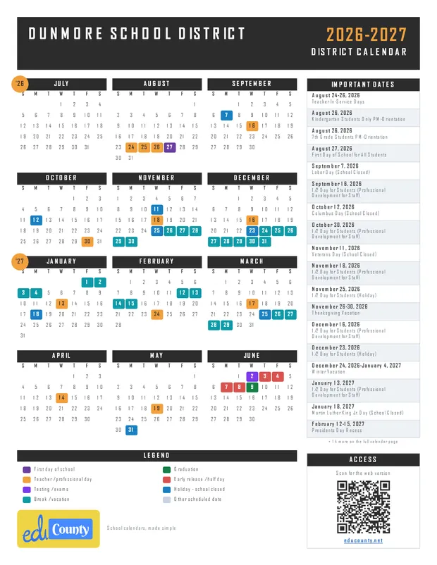 DUNMORE SCHOOL DISTRICT printable 2026-27 calendar