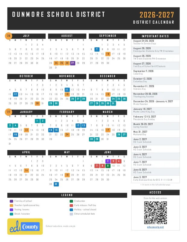 Dunmore School District printable 2026-27 calendar