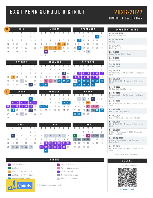 East Penn School District printable 2026-27 calendar