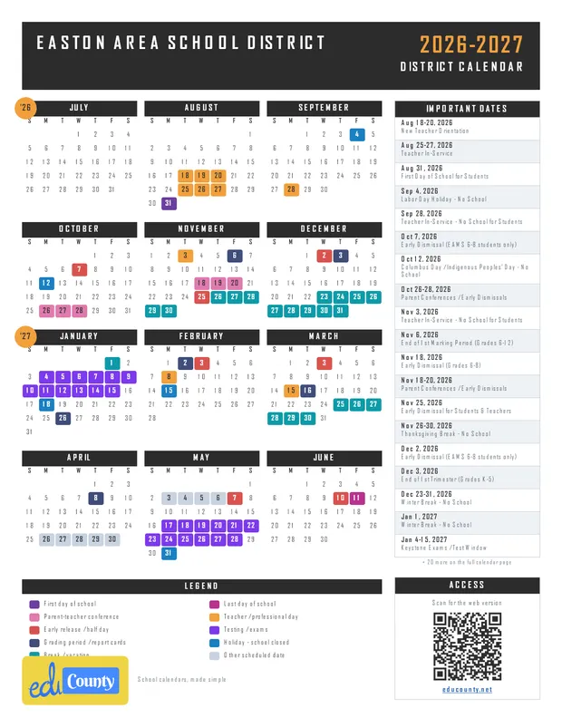 Easton Area School District printable 2026-27 calendar