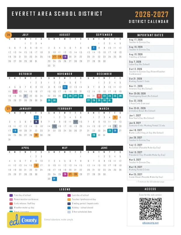 Everett Area School District printable 2026-27 calendar