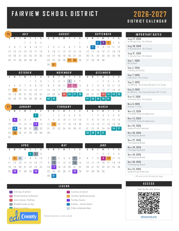 Fairview School District printable 2026-27 calendar