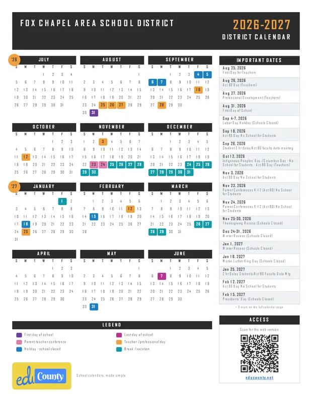 Fox Chapel Area School District printable 2026-27 calendar