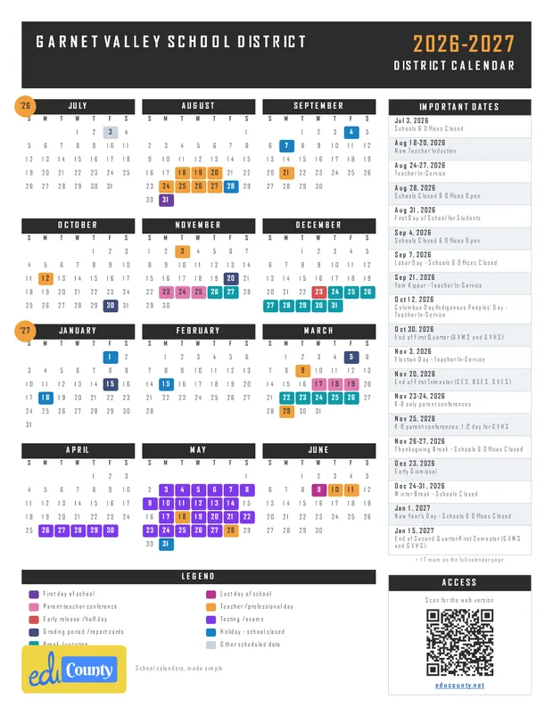 Garnet Valley School District printable 2026-27 calendar