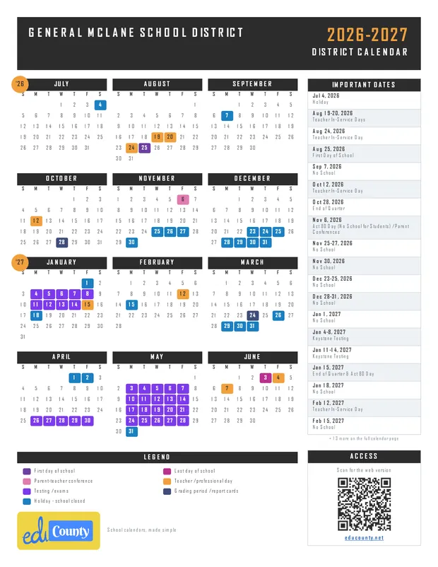 General McLane School District printable 2026-27 calendar