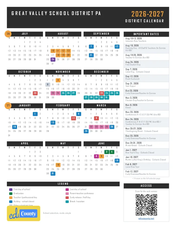 Great Valley School District printable 2026-27 calendar