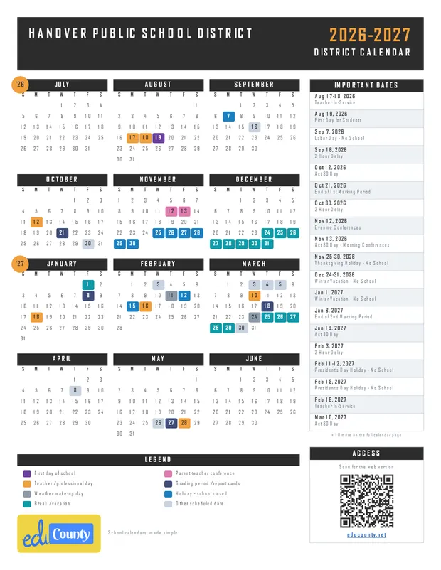 Hanover Public School District printable 2026-27 calendar