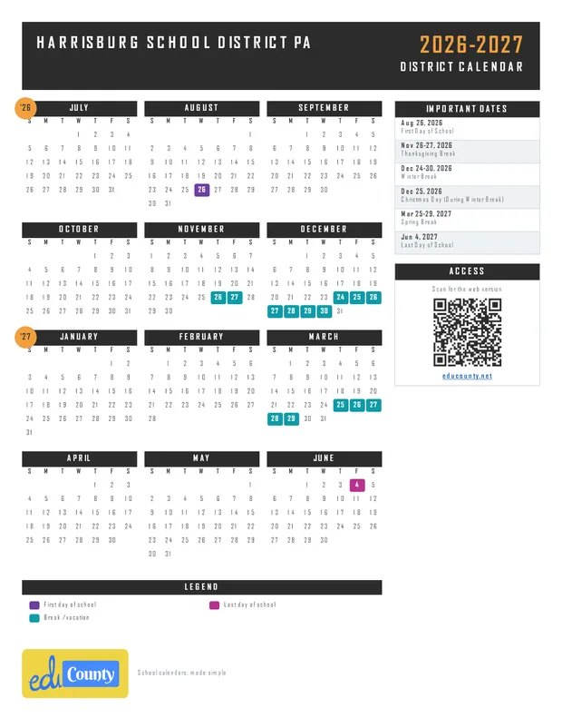 Harrisburg School District printable 2026-27 calendar