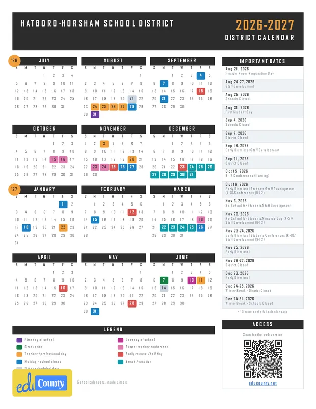 Hatboro-Horsham School District printable 2026-27 calendar