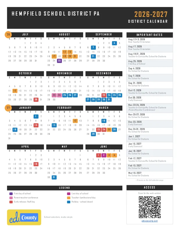 Hempfield School District printable 2026-27 calendar
