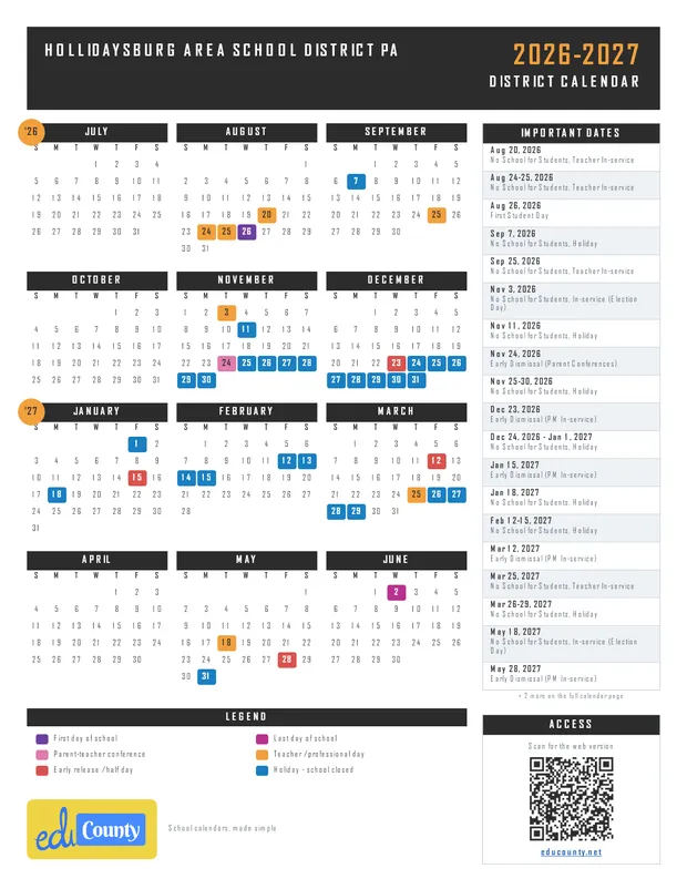 HOLLIDAYSBURG AREA SCHOOL DISTRICT printable 2026-27 calendar