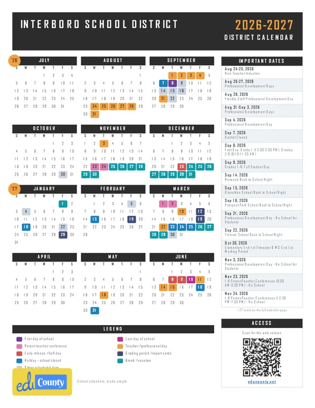 Interboro School District printable 2026-27 calendar