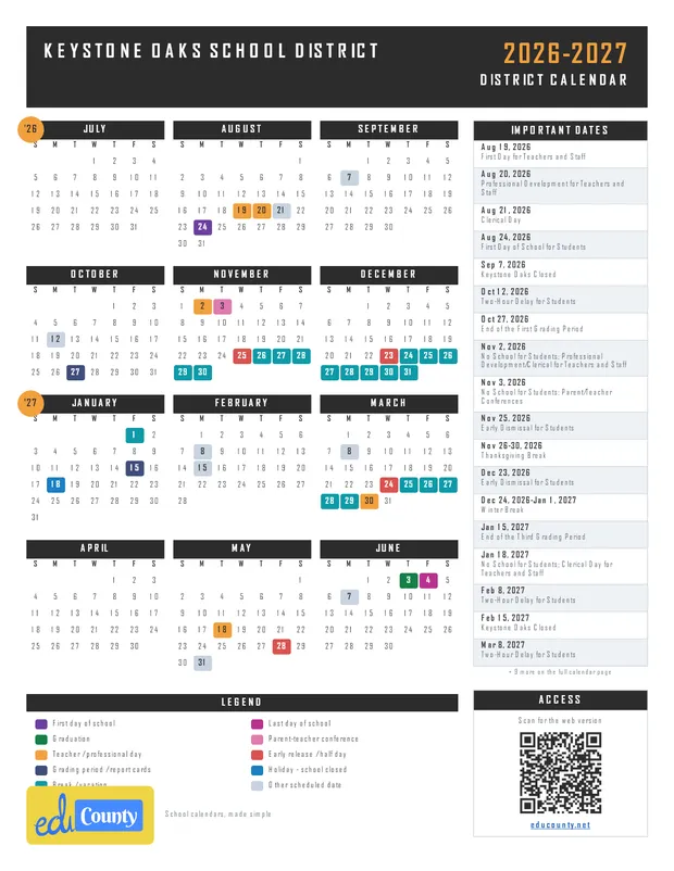 Keystone Oaks School District printable 2026-27 calendar