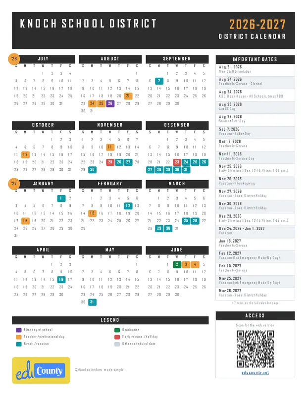 Knoch School District printable 2026-27 calendar