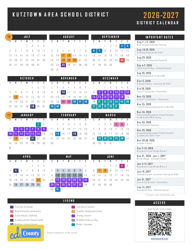 KUTZTOWN AREA SCHOOL DISTRICT printable 2026-27 calendar