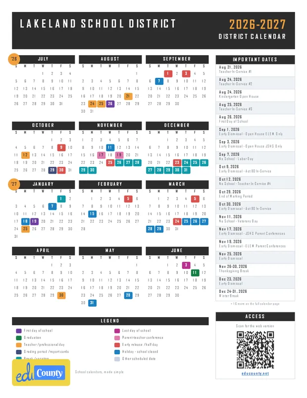 Lakeland School District printable 2026-27 calendar