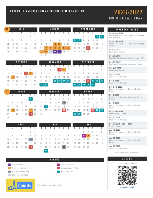 Lampeter-Strasburg School District printable 2026-27 calendar