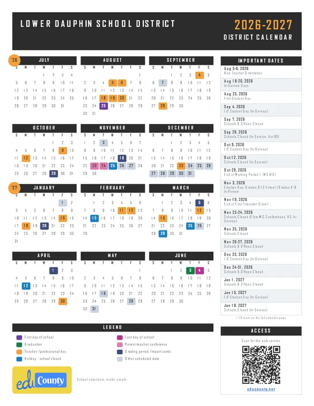 Lower Dauphin School District printable 2026-27 calendar