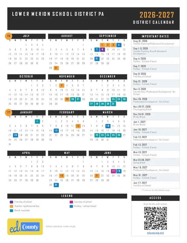 Lower Merion School District printable 2026-27 calendar
