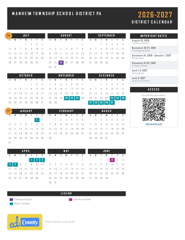 Manheim Township School District printable 2026-27 calendar