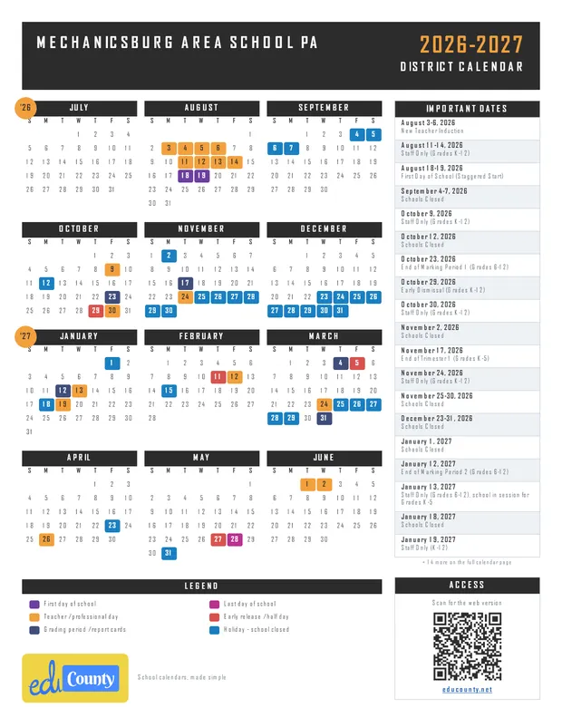 MECHANICSBURG AREA SCHOOL printable 2026-27 calendar