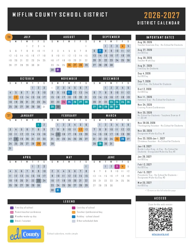 MIFFLIN COUNTY SCHOOL DISTRICT printable 2026-27 calendar
