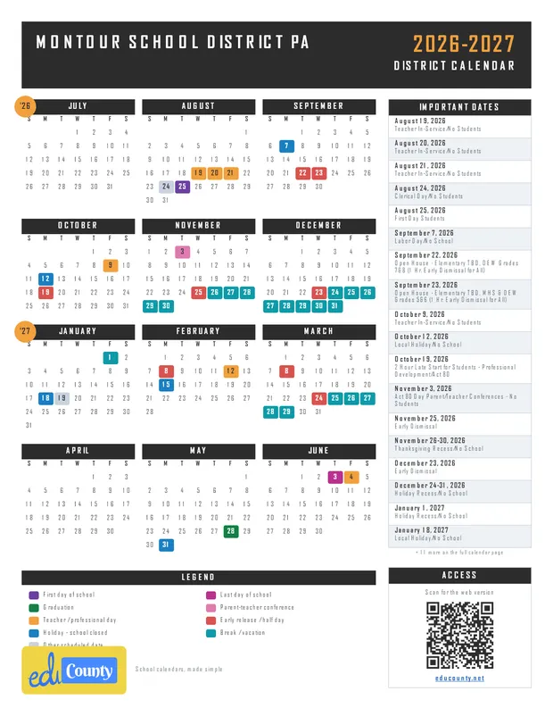Montour School District printable 2026-27 calendar