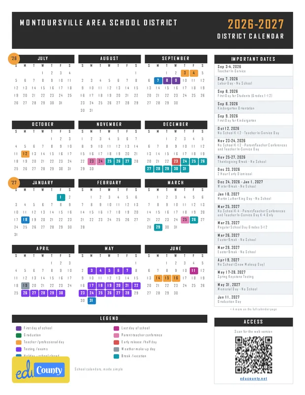 Montoursville Area School District printable 2026-27 calendar