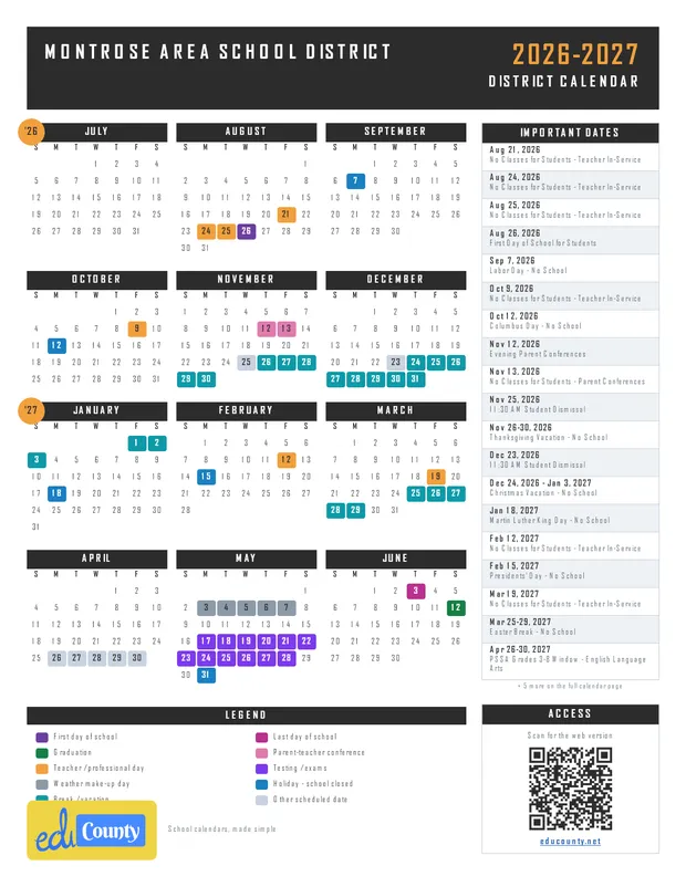 Montrose Area School District printable 2026-27 calendar
