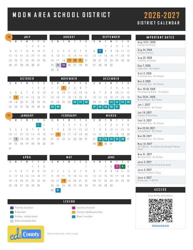 Moon Area School District printable 2026-27 calendar