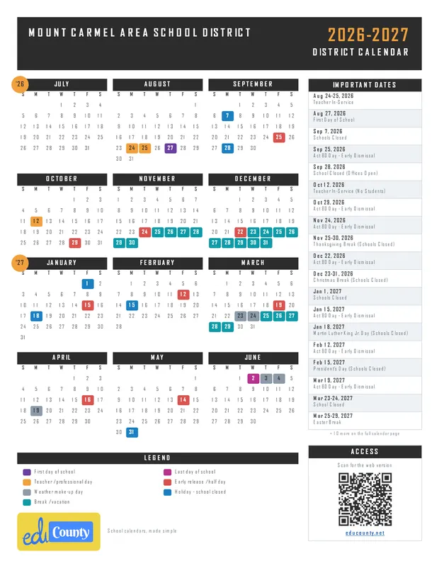 Mount Carmel Area School District printable 2026-27 calendar