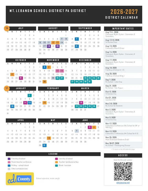 Mt. Lebanon School District PA District printable 2026-27 calendar