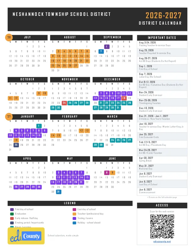NESHANNOCK TOWNSHIP SCHOOL DISTRICT printable 2026-27 calendar