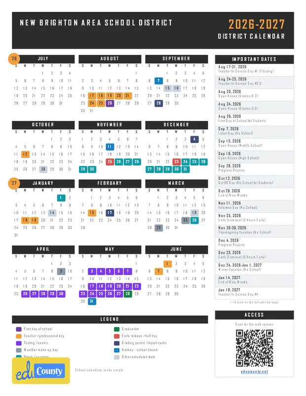 NEW BRIGHTON AREA SCHOOL DISTRICT printable 2026-27 calendar