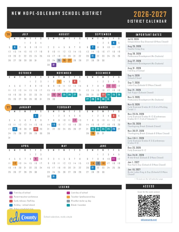 New Hope-Solebury School District printable 2026-27 calendar