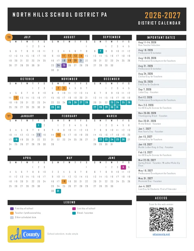 North Hills School District printable 2026-27 calendar