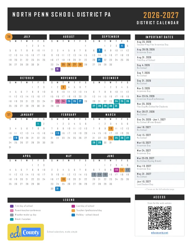 North Penn School District printable 2026-27 calendar