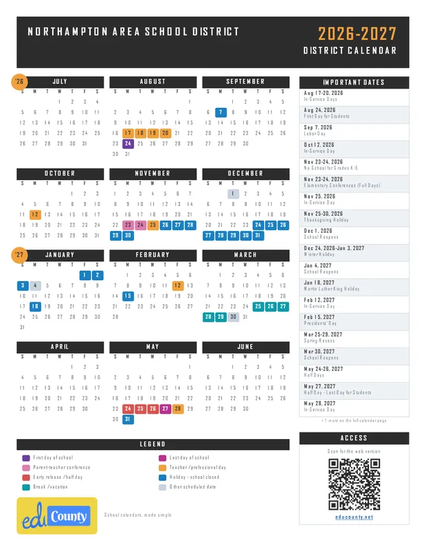 NORTHAMPTON AREA SCHOOL DISTRICT printable 2026-27 calendar