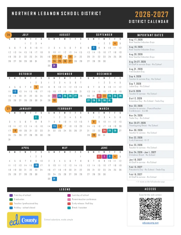 Northern Lebanon School District printable 2026-27 calendar