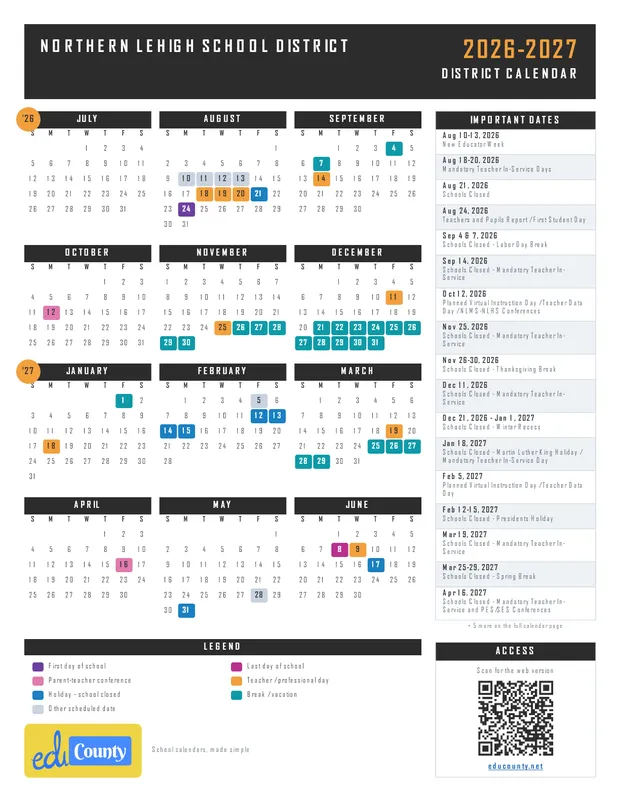 Northern Lehigh School District printable 2026-27 calendar