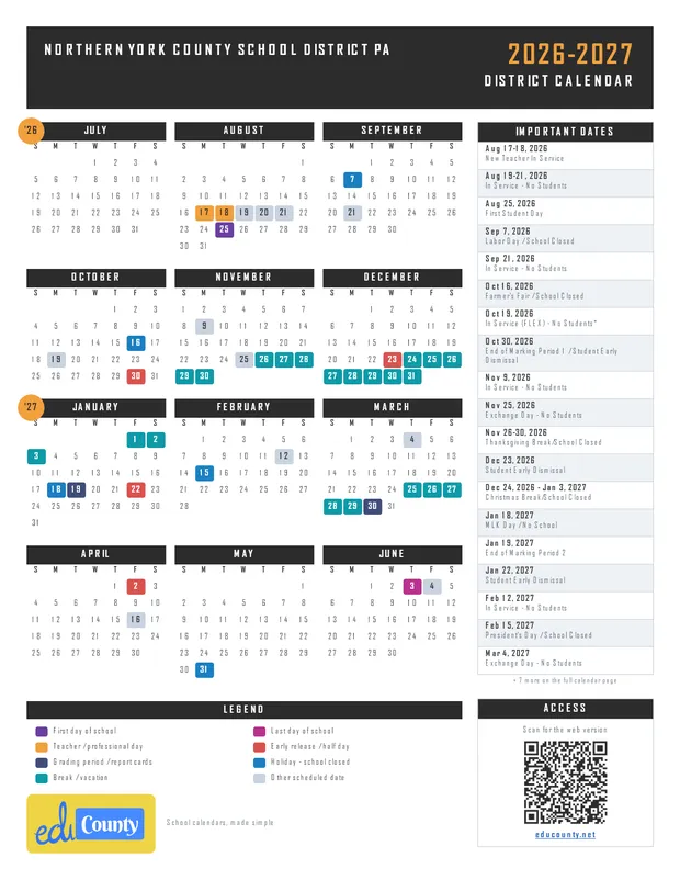 Northern York County School District printable 2026-27 calendar
