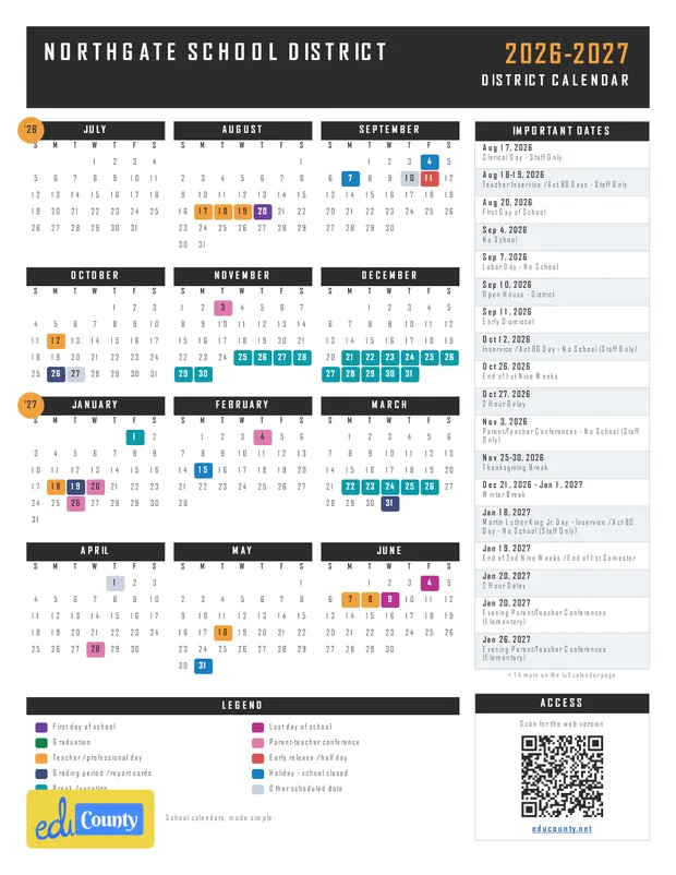 NORTHGATE SCHOOL DISTRICT printable 2026-27 calendar