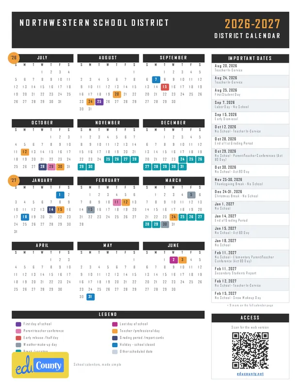 Northwestern School District printable 2026-27 calendar