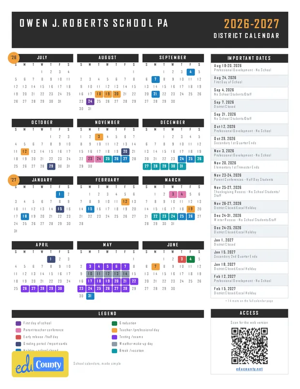 Owen J. Roberts School printable 2026-27 calendar