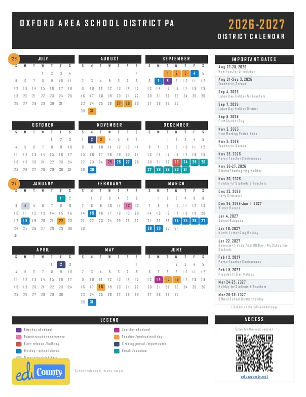OXFORD AREA SCHOOL DISTRICT printable 2026-27 calendar