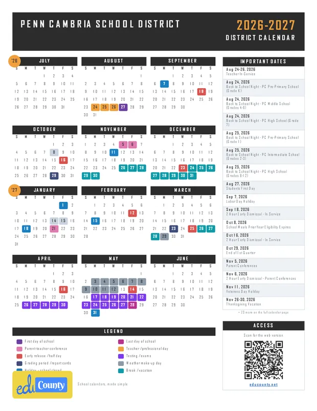 Penn Cambria School District printable 2026-27 calendar