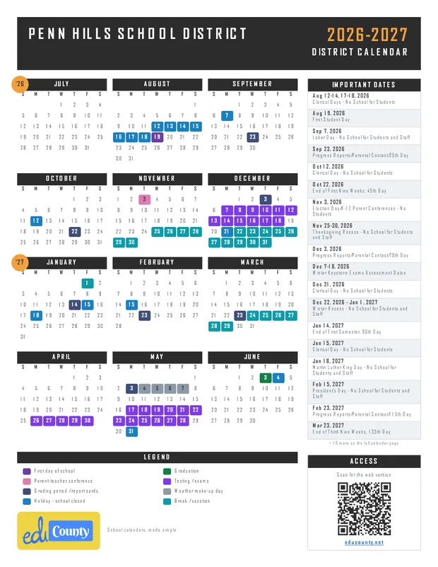 Penn Hills School District printable 2026-27 calendar