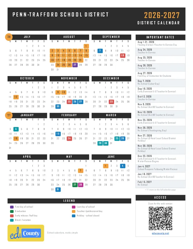 Penn-Trafford School District printable 2026-27 calendar