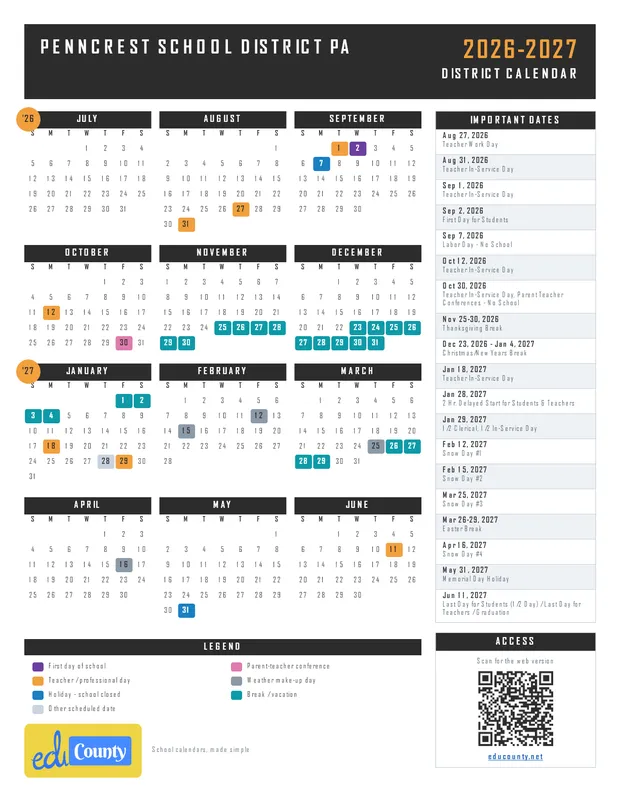 PENNCREST School District printable 2026-27 calendar