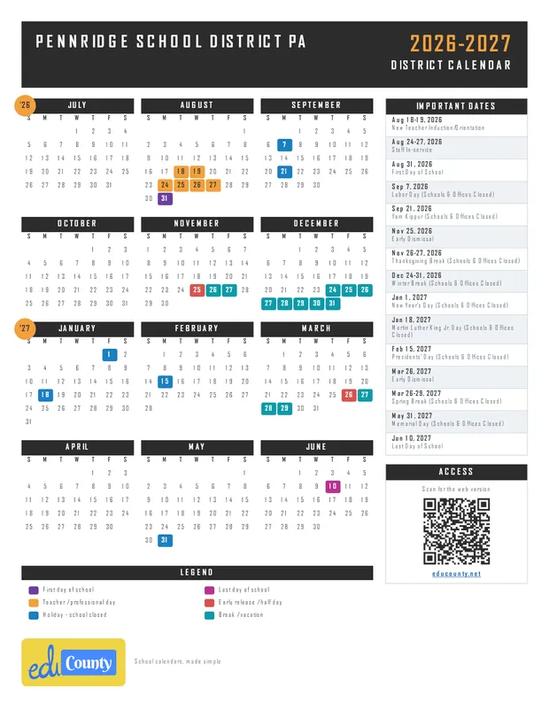 Pennridge School District printable 2026-27 calendar